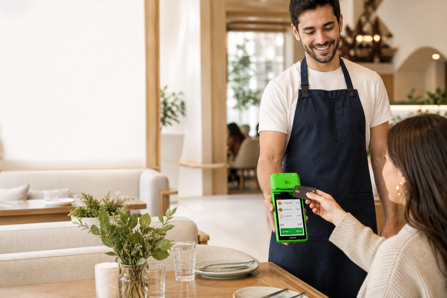 Garçom recebendo pagamento na mesa com o ByteFood em uma máquina Stone