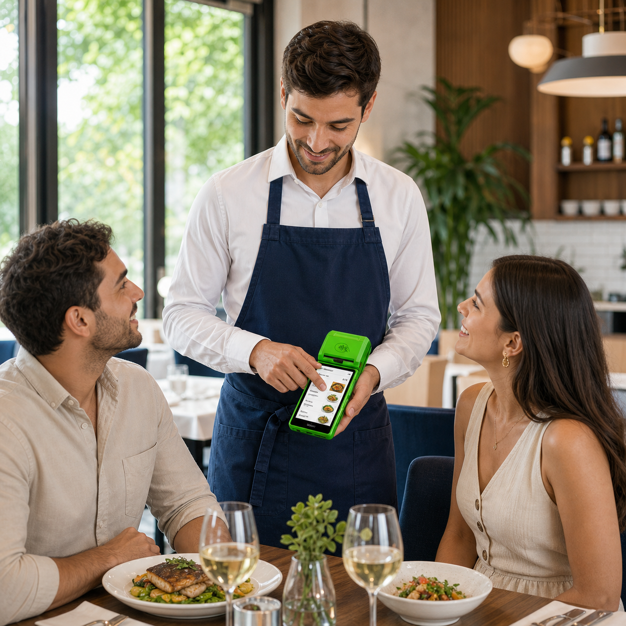 Garçom usando o ByteFood na Stone durante atendimento à mesa
