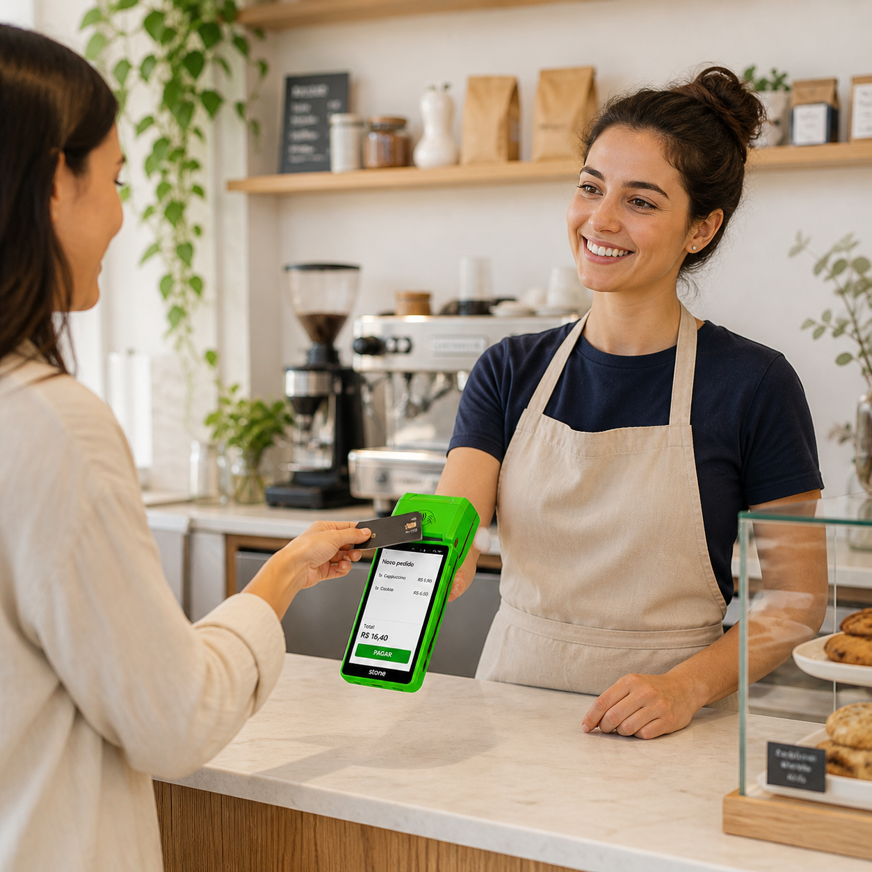 Atendimento de cafeteria com ByteFood em uma máquina Stone